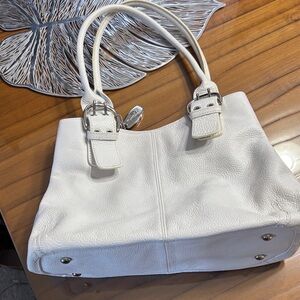 Tignanello Off-White Pebbled Leather Tote with Buckle Straps